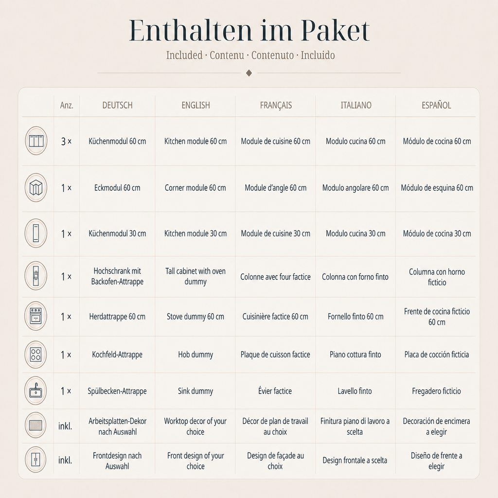 Eckküche aus Pappe 270 × 180 cm – Home Staging Pappküche mit Hochschrank & Herdattrappe