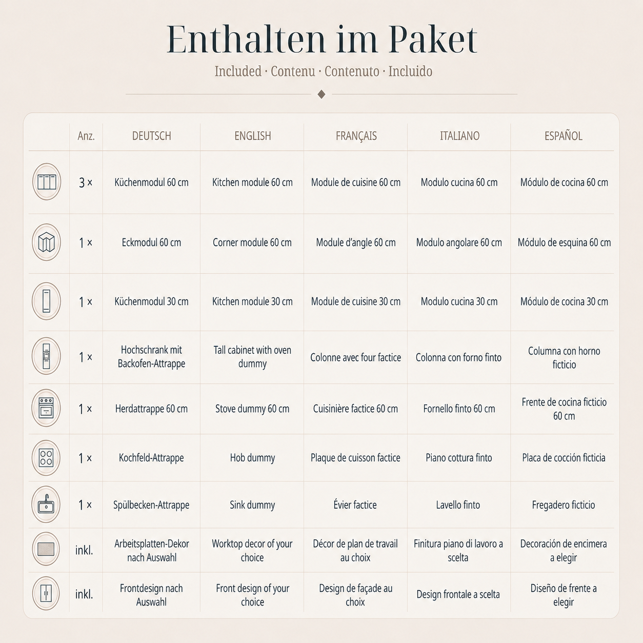 Eckküche aus Pappe 270 × 180 cm – Home Staging Pappküche mit Hochschrank & Herdattrappe
