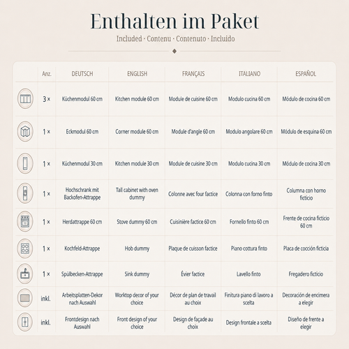 Eckküche aus Pappe 270 × 180 cm – Home Staging Pappküche mit Hochschrank & Herdattrappe