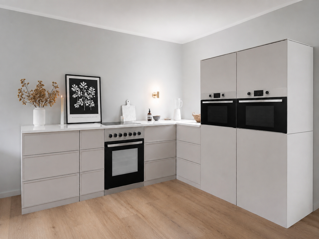 Eckküche aus Pappe 270 × 240 cm – Premium Home Staging Pappküche mit 2 Hochschränken & Herdattrappe