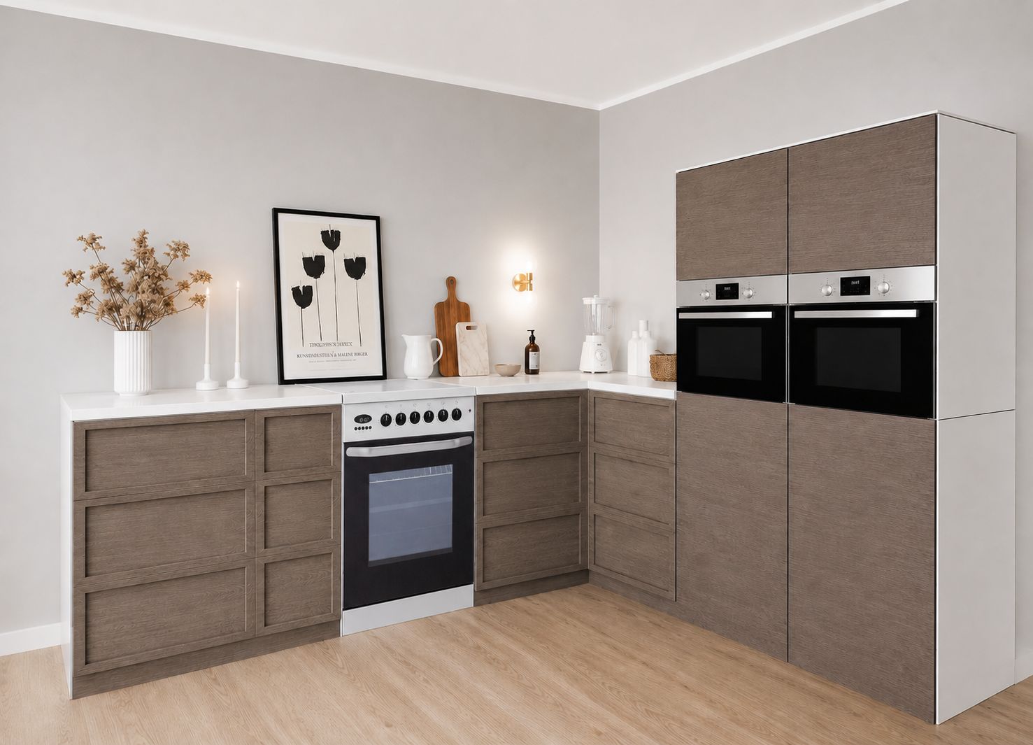 Eckküche aus Pappe 270 × 240 cm – Premium Home Staging Pappküche mit 2 Hochschränken & Herdattrappe