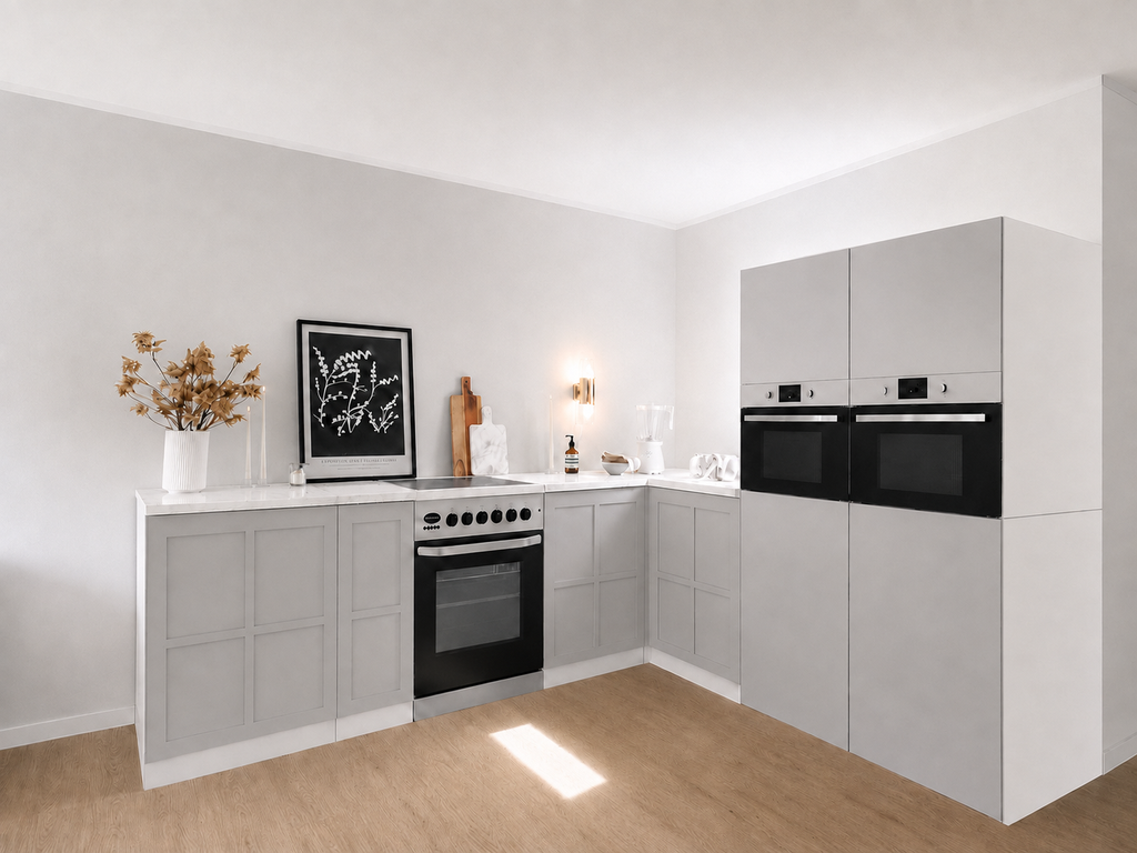 Eckküche aus Pappe 270 × 240 cm – Premium Home Staging Pappküche mit 2 Hochschränken & Herdattrappe