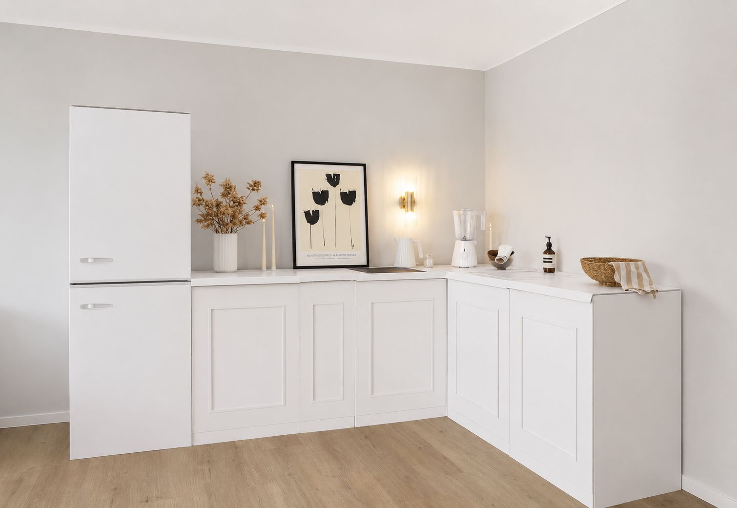 Eckküche aus Pappe – L-Form 270 × 180 cm mit Kühlschrank