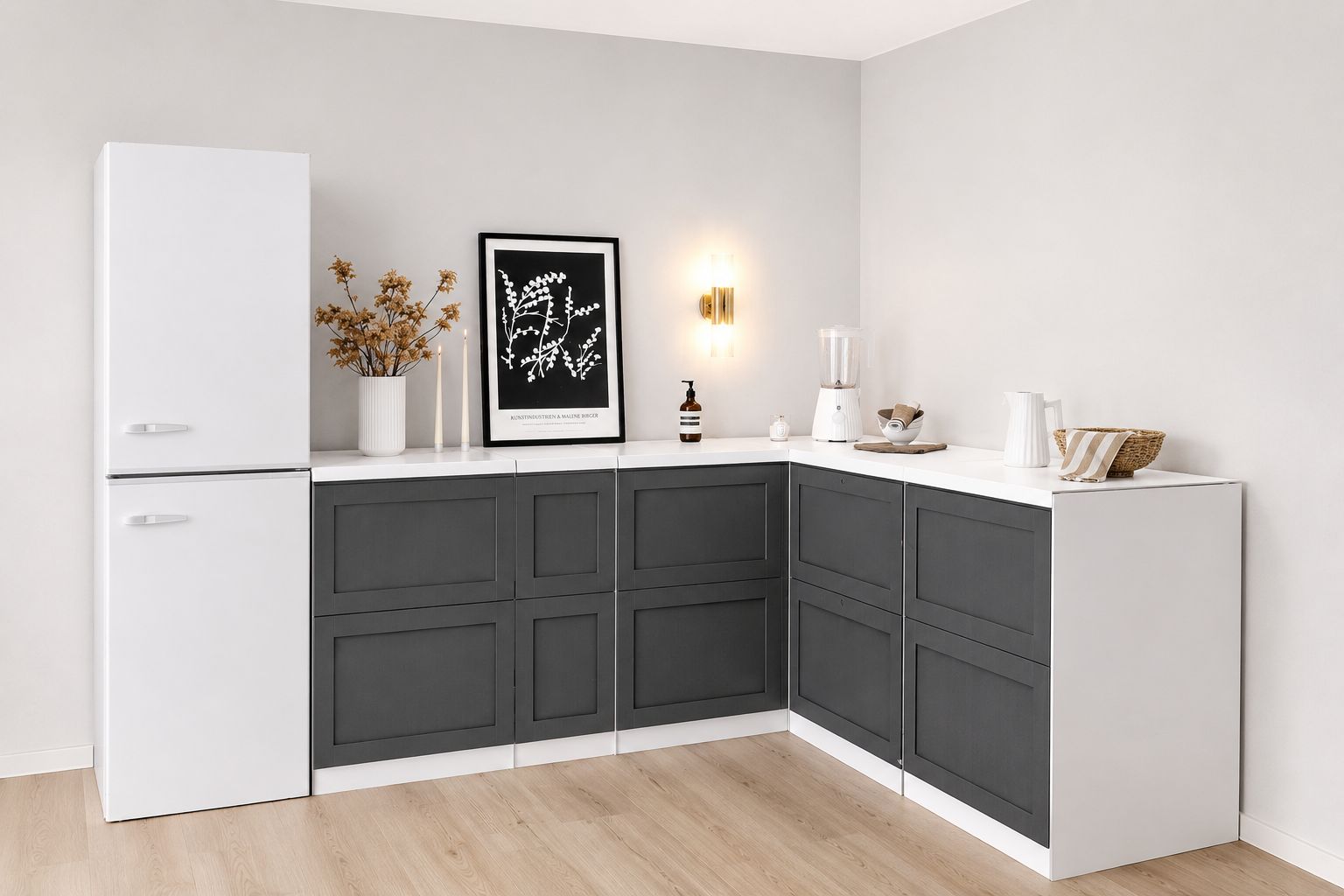 Eckküche aus Pappe – L-Form 270 × 180 cm mit Kühlschrank