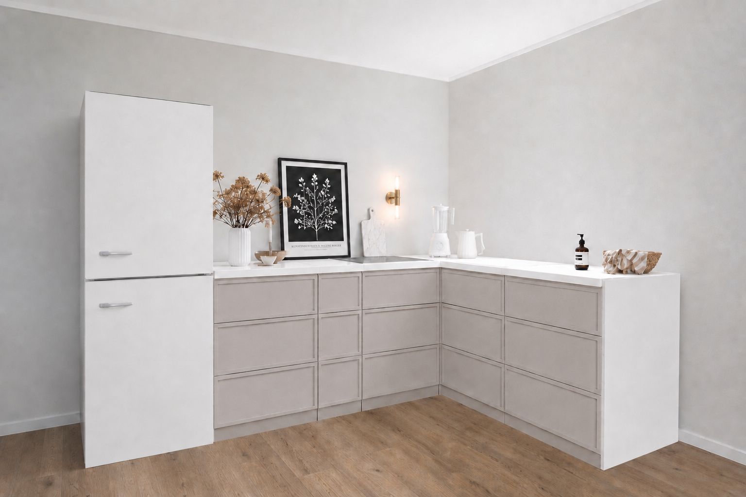 Eckküche aus Pappe – L-Form 270 × 180 cm mit Kühlschrank