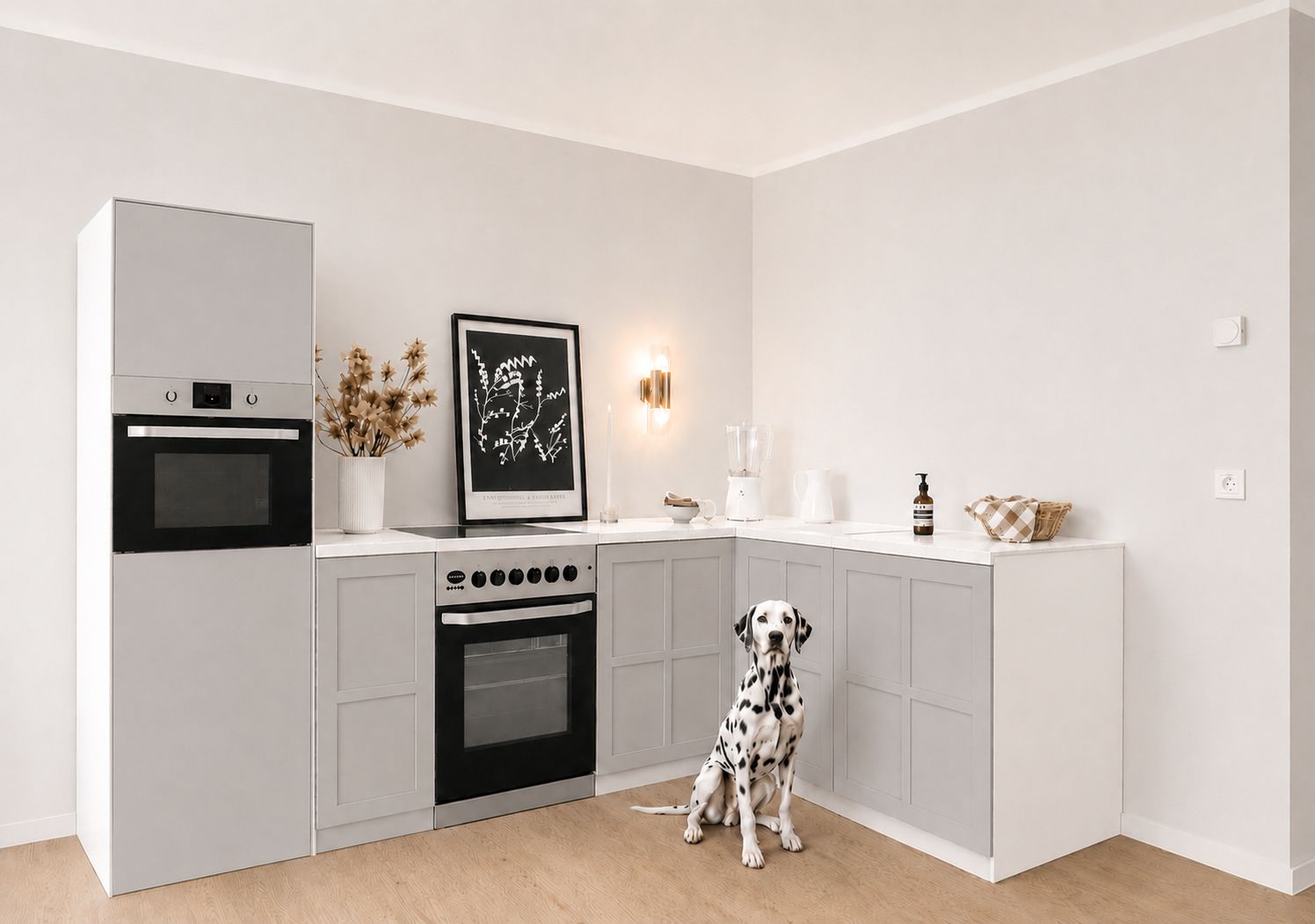 Eckküche aus Pappe 270 × 180 cm – Home Staging Pappküche mit Hochschrank & Herdattrappe