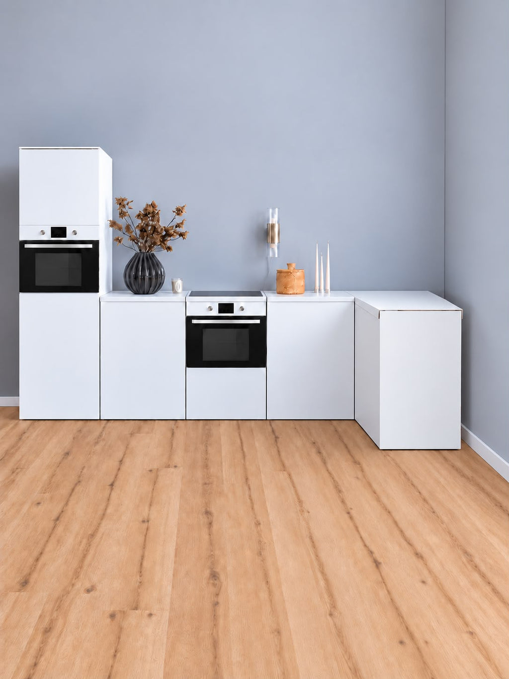 ESSENTIAL Eckküche aus Pappe 300 × 120 cm in Weiß mit Hochschrank